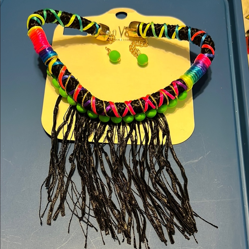 New Colorful Statement Necklace & Earring Set – Da Vinci Neon Fringe Jewelry